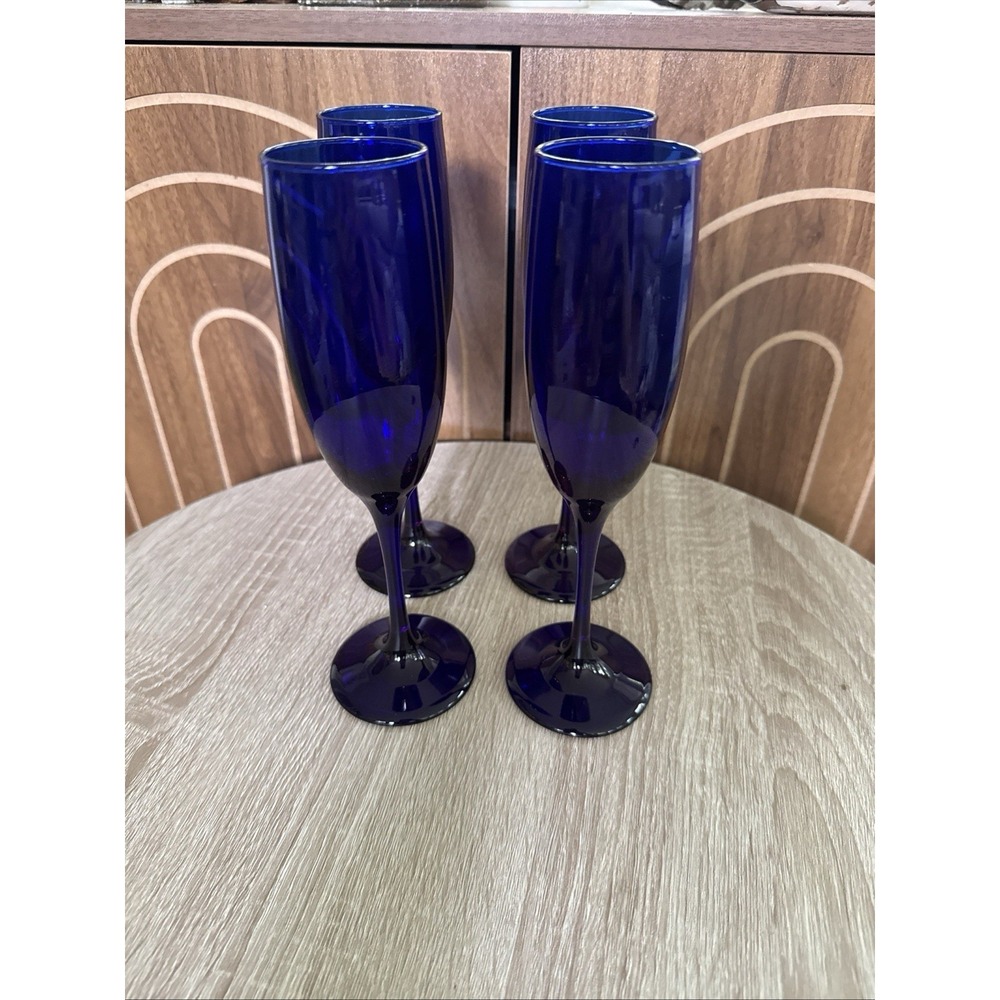 4 LIBBEY'S 8 3/4" Solid Cobalt Blue Blown Glass Champagne Flute Vintage